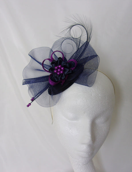 Navy Blue and Purple Fascinator - Curl Feather Crinoline Amethyst Puce Bow Pearl Wedding Fascinator Mini Hat Ascot Derby - Made to Order