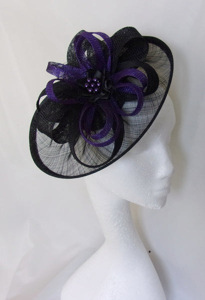 Black and Dark Purple Hat - Sinamay Loops & Pearls Saucer Fascinator Formal Wedding Derby Ascot - Made to Order