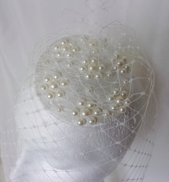 Ivory Pearl Fascinator Vintage Retro Style Bridal Brides Lace and Satin Percher Disc with Pearls & Merry Widow Blusher Veil - Ready Made