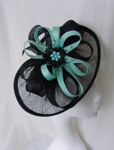 Black and Aquamarine Blue Hat - Sinamay Loops & Pearls Saucer Fascinator Formal Wedding Derby Ascot - Made to Ord