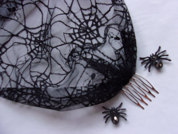 Black Spiders Cobweb Tulle Mesh Birdcage Bandeau Wedding Bridal Veil -Halloween