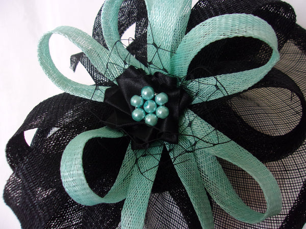 Black and Aquamarine Blue Hat - Sinamay Loops & Pearls Saucer Fascinator Formal Wedding Derby Ascot - Made to Ord