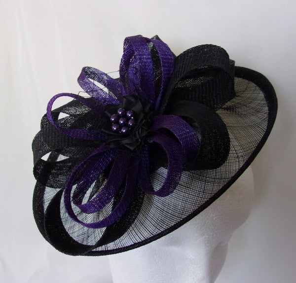 Black and Dark Purple Hat - Sinamay Loops & Pearls Saucer Fascinator Formal Wedding Derby Ascot - Made to Order