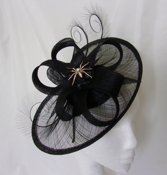 Black Rhinestone Hat Sinamay and Pheasant Curl Feather Saucer Fascinator with Crystal Diamante Brooch- Wedding Derby Gothic - Made to Order spider