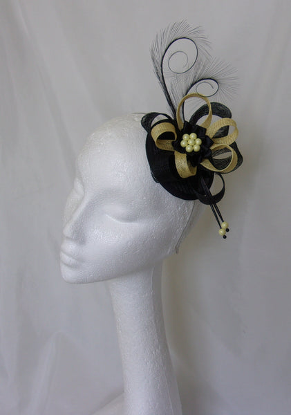 Black and Primrose Yellow Pheasant Curl Feather Sinamay Loop & Pearl Wedding Ascot Fascinator Mini Hat - Made To Order