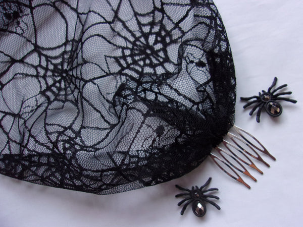 Black Spiders Cobweb Tulle Mesh Birdcage Bandeau Wedding Bridal Veil -Halloween