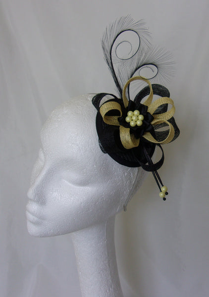 Black and Primrose Yellow Pheasant Curl Feather Sinamay Loop & Pearl Wedding Ascot Fascinator Mini Hat - Made To Order
