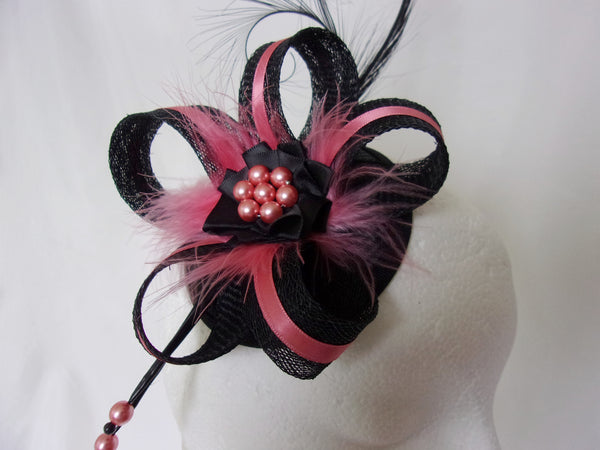Coral Flamingo Pink and Black Fascinator with Pheasant Curl Feathers Sinamay & Pearls Wedding Mini Hat Ascot Derby - Made to Order