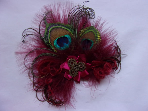 Small & Dainty Dark Burgundy Marsala Wine Peacock Feather Steampunk Vintage Mini Hair Clip Fascinator with Brass Cogs - Made to Order