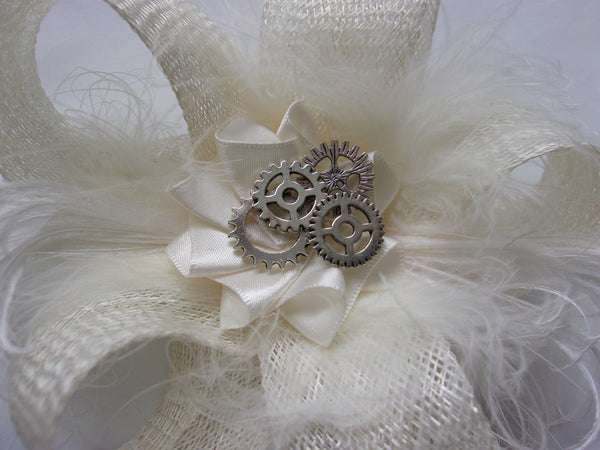 Pale Ivory Sinamay Bow Loop Fluffy Ostrich Feather & Steampunk Watch Cogs Bridal Mini Fascinator Hair Clip Wedding Headpiece- Made to Order