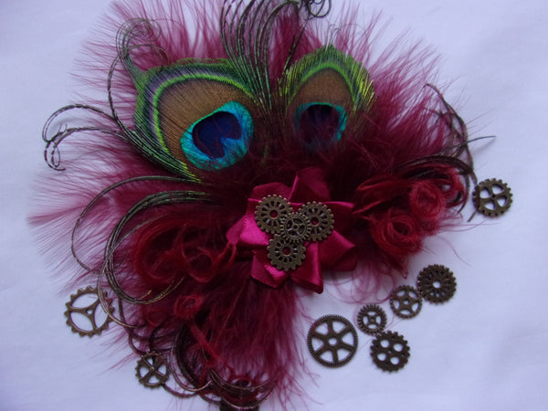 Small & Dainty Dark Burgundy Marsala Wine Peacock Feather Steampunk Vintage Mini Hair Clip Fascinator with Brass Cogs - Made to Order