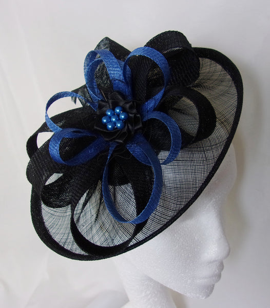 Black and Sapphire Blue Hat - Sinamay Loops & Pearls Saucer Fascinator Formal Wedding Derby Ascot - Made to Order