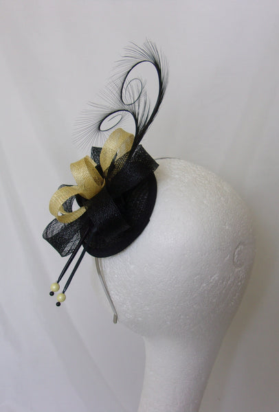 Black and Primrose Yellow Pheasant Curl Feather Sinamay Loop & Pearl Wedding Ascot Fascinator Mini Hat - Made To Order