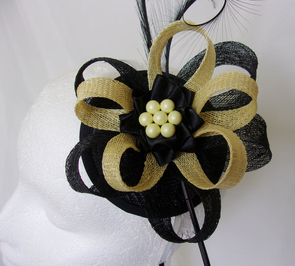 Black and Primrose Yellow Pheasant Curl Feather Sinamay Loop & Pearl Wedding Ascot Fascinator Mini Hat - Made To Order