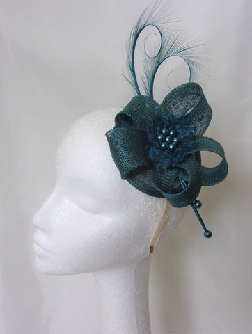 Dark Teal Petrol Blue Curl Feather Sinamay Wedding Fascinator Hat #teal #tealhat