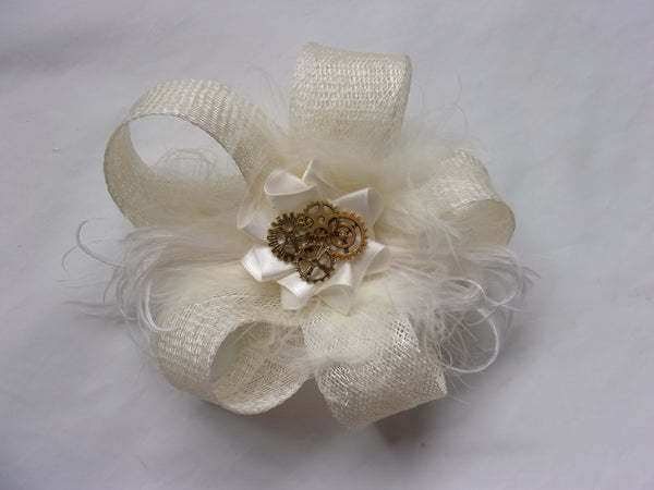 Pale Ivory Sinamay Bow Loop Fluffy Ostrich Feather & Steampunk Watch Cogs Bridal Mini Fascinator Hair Clip Wedding Headpiece- Made to Order