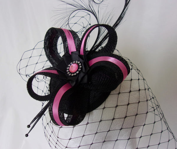 Black and Fuchsia Pink Fascinator Pheasant Curl Feather Sinamay & Pearl Veiled Wedding Mini Hat Ascot Derby - Made to Order