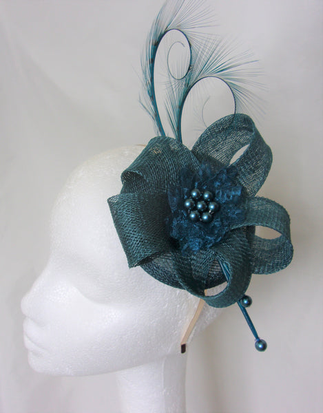 Dark Teal Petrol Blue Curl Feather Sinamay Wedding Fascinator Hat #teal #tealhat