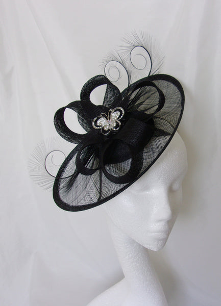 Black Rhinestone Hat Sinamay and Pheasant Curl Feather Saucer Fascinator with Crystal Diamante Brooch- Wedding Derby Gothic - Made to Order butterfly