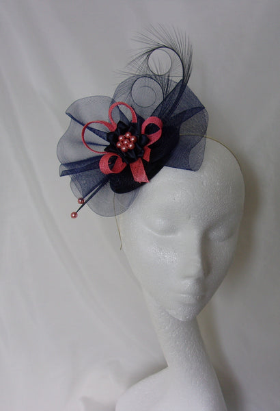 Navy Blue and Coral Fascinator - Curl Feather Crinoline Flamingo Salmon Bow Pearl Wedding Fascinator Mini Hat Ascot Derby - Made to Order