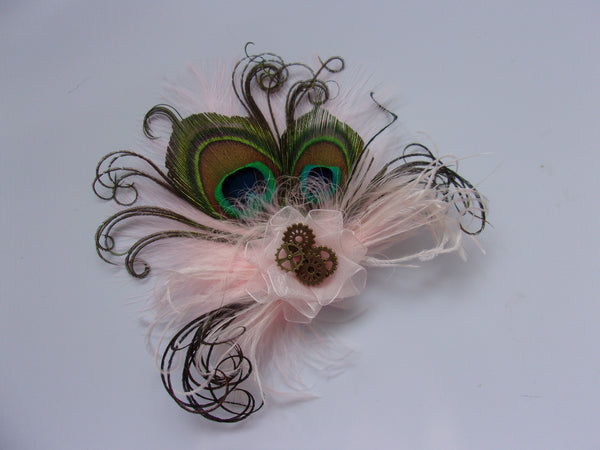 Small and Dainty Pale Blush Baby Pink Peacock Feather Organza & Brass Steampunk Cog Vintage Hair Clip Fascinator- Made to Order