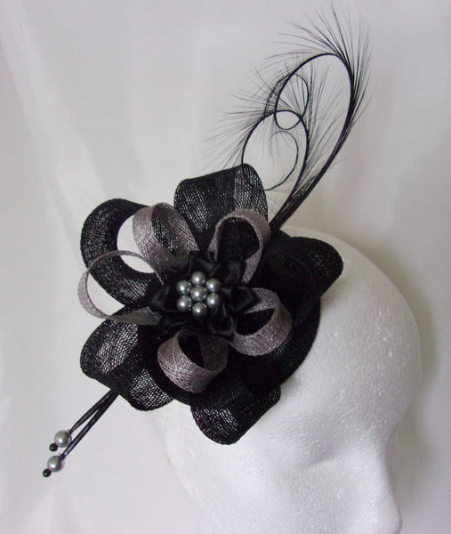 black and pewter grey curl feather and sinamay fascinator mini hat