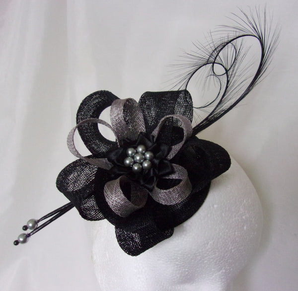 black and pewter grey curl feather and sinamay fascinator mini hat