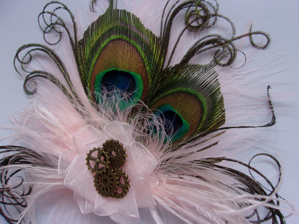 Small and Dainty Pale Blush Baby Pink Peacock Feather Organza & Brass Steampunk Cog Vintage Hair Clip Fascinator- Made to Order