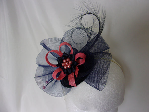 Navy Blue and Coral Fascinator - Curl Feather Crinoline Flamingo Salmon Bow Pearl Wedding Fascinator Mini Hat Ascot Derby - Made to Order