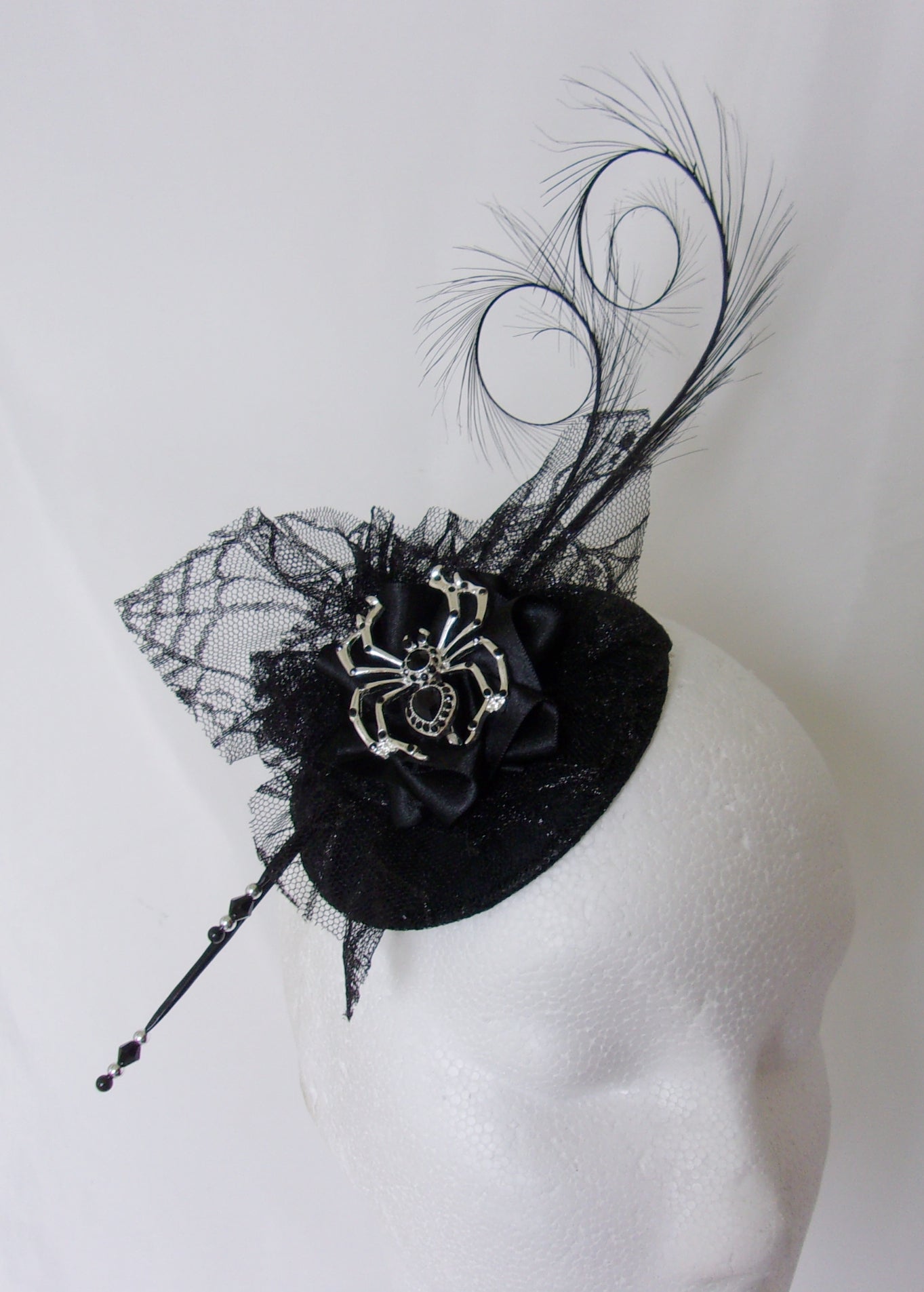 Black Gothic Fascinator with Pretty Cobweb Lace Curl Feather and Silver Spider Brooch Percher Wedding Halloween Mini Hat - Made to Order