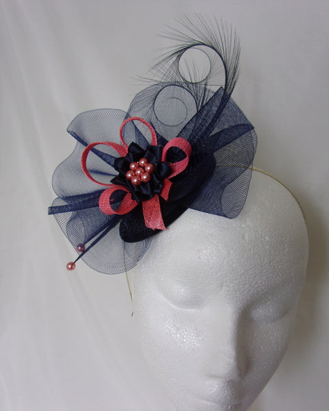 Navy Blue and Coral Fascinator - Curl Feather Crinoline Flamingo Salmon Bow Pearl Wedding Fascinator Mini Hat Ascot Derby - Made to Order