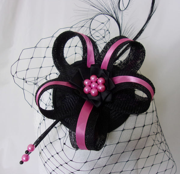Black and Fuchsia Pink Fascinator Pheasant Curl Feather Sinamay & Pearl Veiled Wedding Mini Hat Ascot Derby - Made to Order