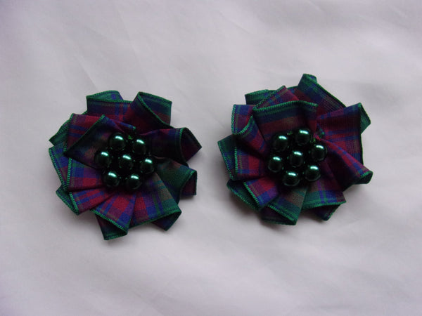 Scottish Highland Clan Tartan Ribbon Plain Ruffle & Crystal or Pearl Shoe Clips Decoration - Wedding Party - Made to Order