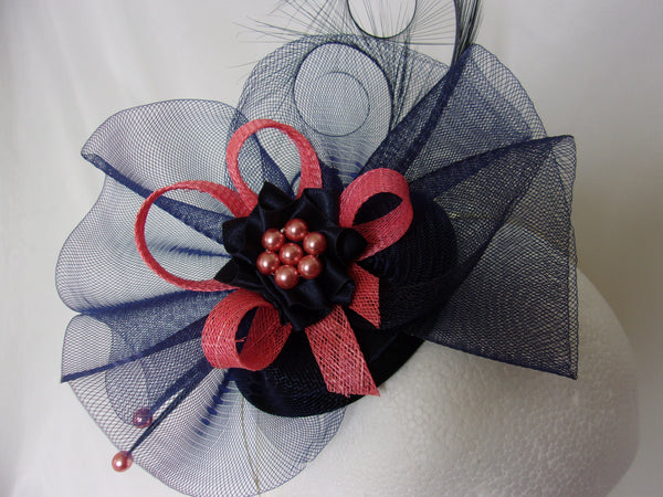 Navy Blue and Coral Fascinator - Curl Feather Crinoline Flamingo Salmon Bow Pearl Wedding Fascinator Mini Hat Ascot Derby - Made to Order