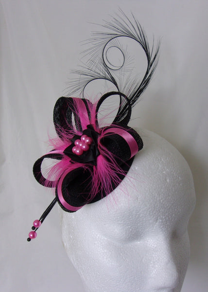 Black and Fuchsia Pink Fascinator Pheasant Curl Feather Sinamay & Pearl Wedding Mini Hat Ascot Derby - Made to Order