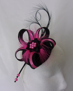 Black and Fuchsia Pink Fascinator Pheasant Curl Feather Sinamay & Pearl Wedding Mini Hat Ascot Derby - Made to Order