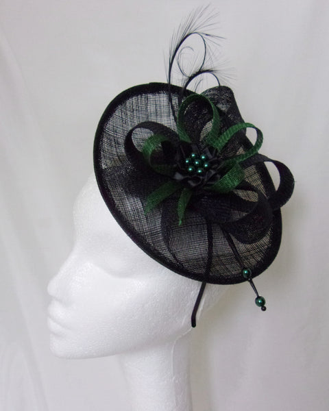 Dark Bottle Racing Green & Black Pandora Upback Saucer Fascinator Hat