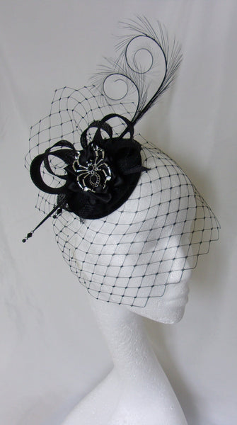 Black Gothic Fascinator with Blusher Veil Pheasant Curl Feathers Sinamay & Silver Spider Brooch Halloween Wedding Mini Hat - Made to Order