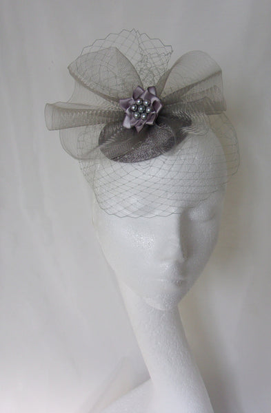 Shades of Pewter Gray and Silver Veiled Crinoline Bow & Rhinestone Pearl Wedding Fascinator Mini Hat Races - Custom Made to Order