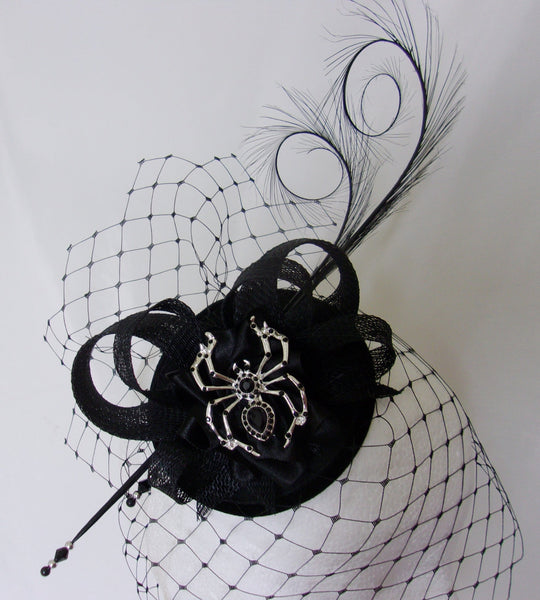 Black Gothic Fascinator with Blusher Veil Pheasant Curl Feathers Sinamay & Silver Spider Brooch Halloween Wedding Mini Hat - Made to Order