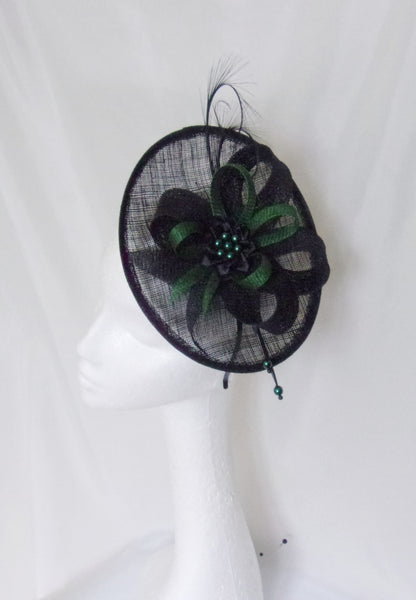Dark Bottle Racing Green & Black Pandora Upback Saucer Fascinator Hat