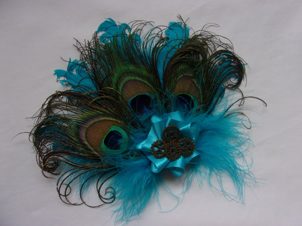 Turquoise Lagoon Azure Blue Shades Peacock & Curled Goose Feather Brass Cogs Steampunk Mini Fascinator Hair Clip Headpiece - Made to Order