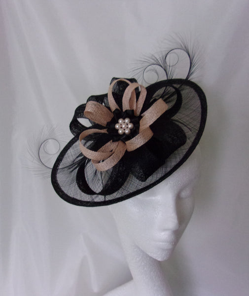 Peach Black Fascinator Large Sinamay Saucer Curl Feather and Blush Nude Peach Loop & Pearl Hat Wedding Derby Ascot- Made to Order