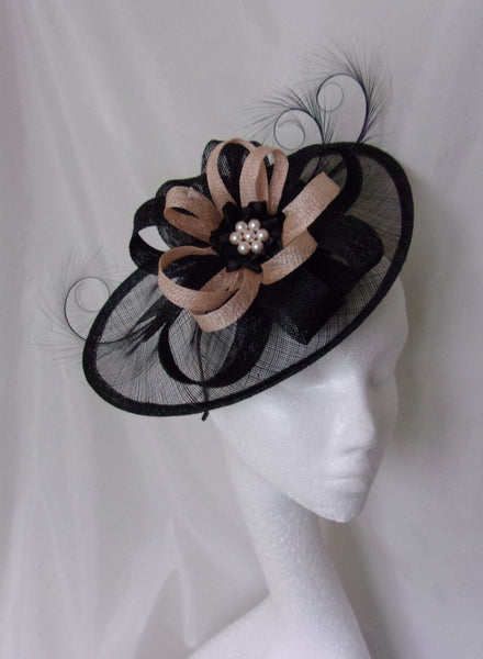 Peach Black Fascinator Large Sinamay Saucer Curl Feather and Blush Nude Peach Loop & Pearl Hat Wedding Derby Ascot- Made to Order