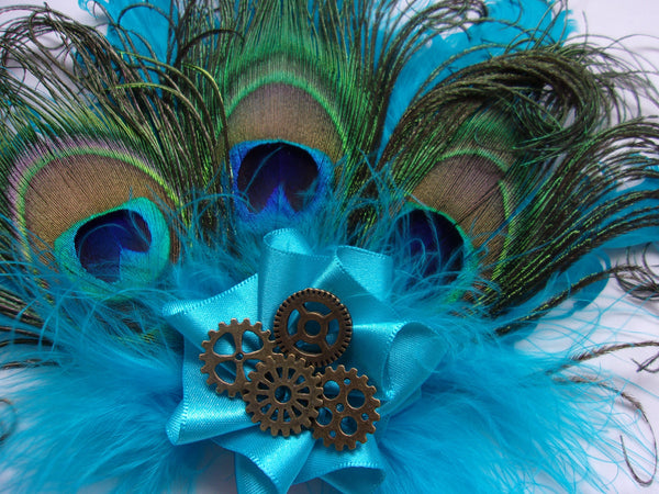 Turquoise Lagoon Azure Blue Shades Peacock & Curled Goose Feather Brass Cogs Steampunk Mini Fascinator Hair Clip Headpiece - Made to Order