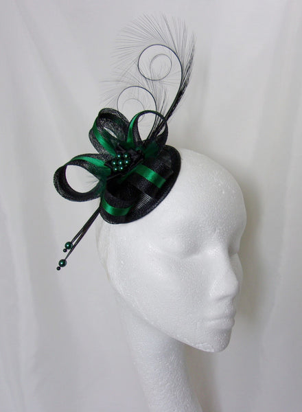 Black Bottle Green Fascinator- Deep Emerald Racing Green Pheasant Curl Feather Sinamay & Pearl Wedding Mini Hat Ascot Derby - Made to Order