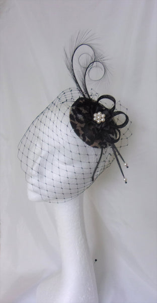 Leopard Print & Black Veil Fascinator Pheasant Curl Feathers Retro Vintage Wedding Percher Fascinator Mini Hat - Made to Order