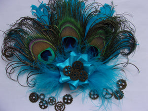 Turquoise Lagoon Azure Blue Shades Peacock & Curled Goose Feather Brass Cogs Steampunk Mini Fascinator Hair Clip Headpiece - Made to Order