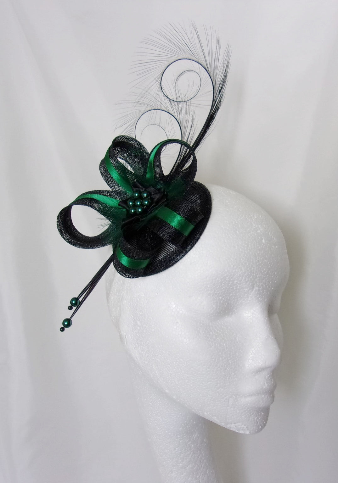 Black Bottle Green Fascinator- Deep Emerald Racing Green Pheasant Curl Feather Sinamay & Pearl Wedding Mini Hat Ascot Derby - Made to Order