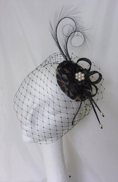 Leopard Print & Black Veil Fascinator Pheasant Curl Feathers Retro Vintage Wedding Percher Fascinator Mini Hat - Made to Order